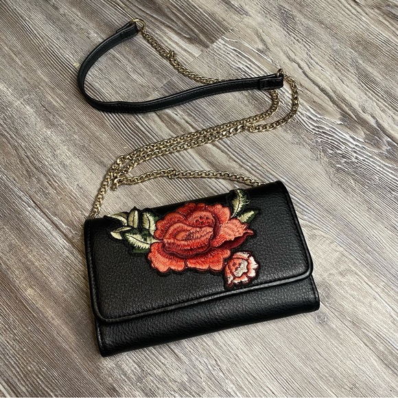 Black Faux Leather Cross Body with Rose Embroidery - Picture 1 of 4